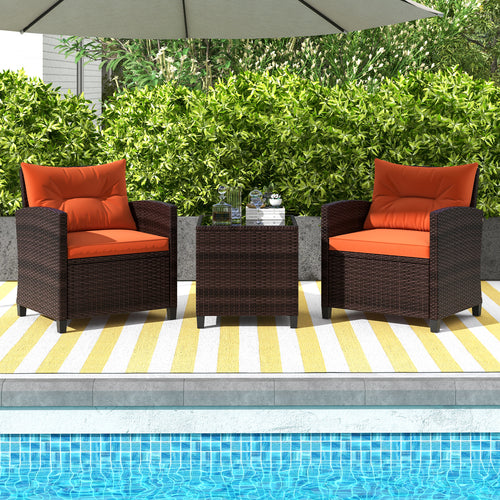 3 Piece Rattan Patio Furniture Set, Washable Cushion, Orange