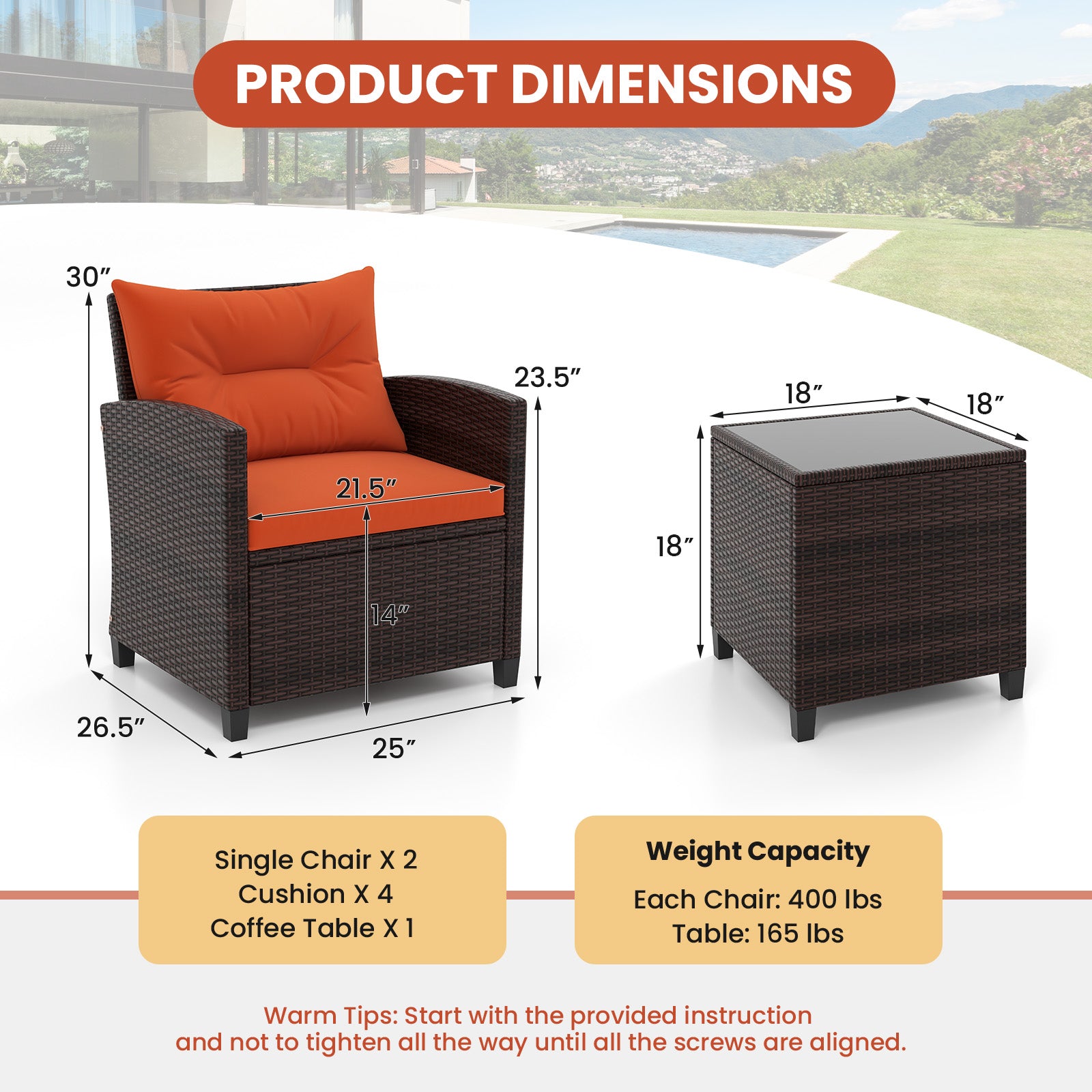 3 Piece Rattan Patio Furniture Set, Washable Cushion, Orange Patio Conversation Sets at Gallery Canada