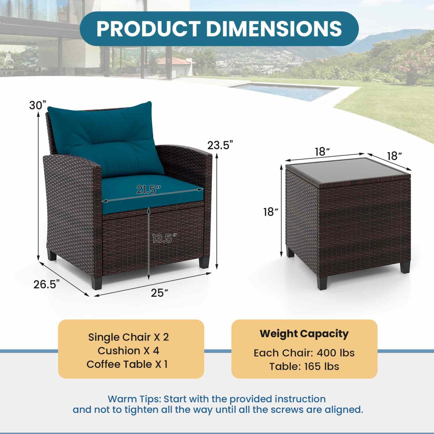 Ensemble de mobilier de patio en rotin, 3 pièces, coussin lavable, bleu paon