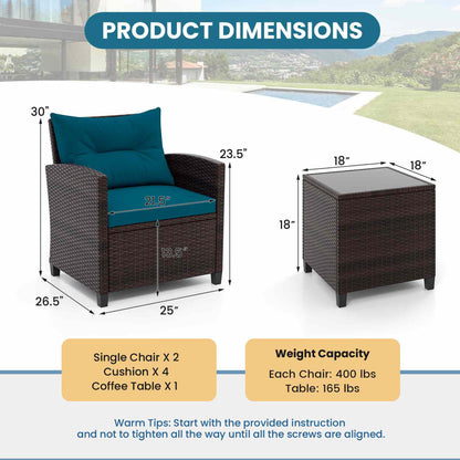 Ensemble de mobilier de patio en rotin, 3 pièces, coussin lavable, bleu paon