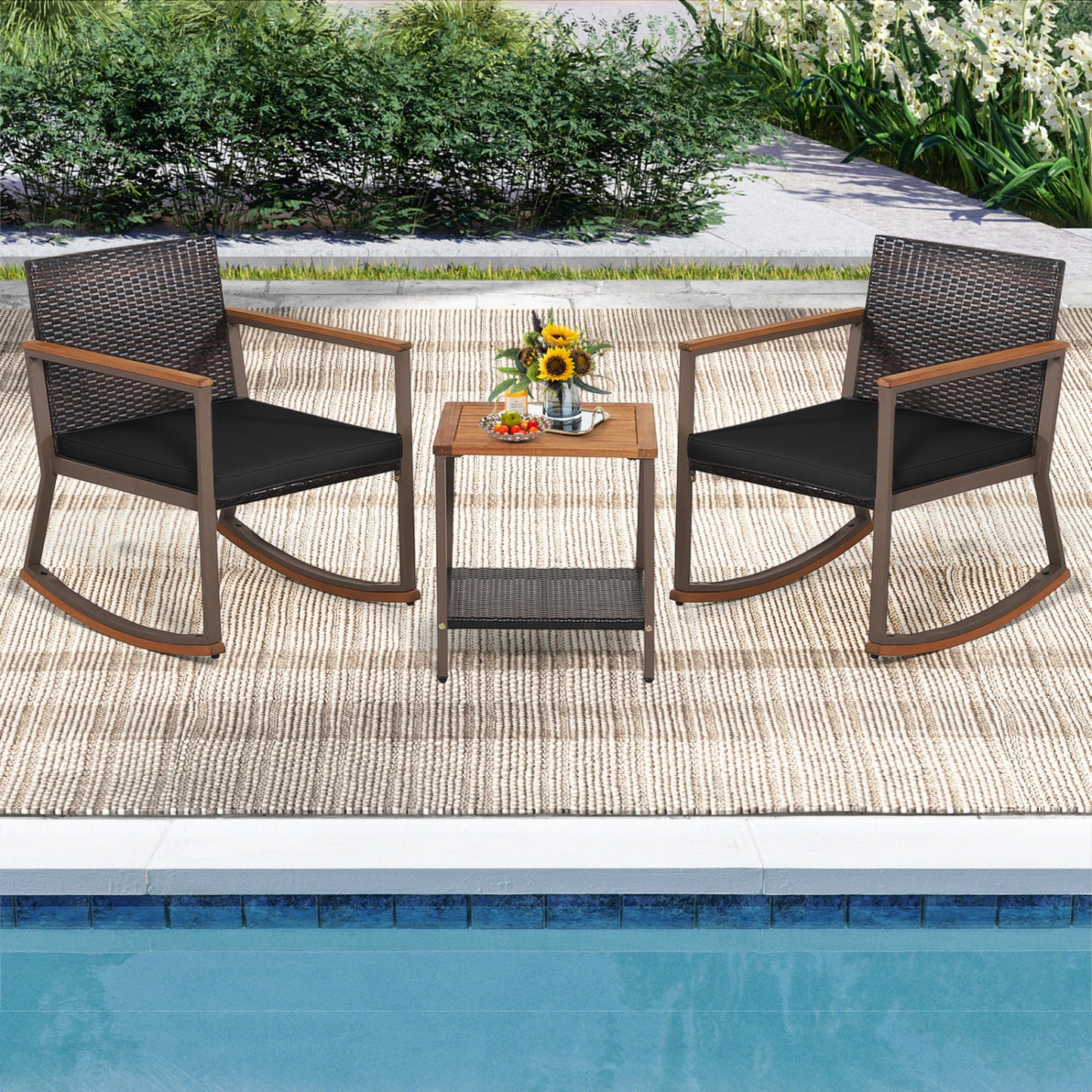 3 Piece Rattan Rocking Bistro Set, Coffee Table, Cushions, Black