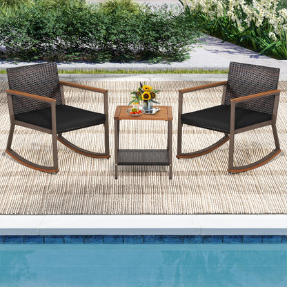 3 Piece Rattan Rocking Bistro Set, Coffee Table, Cushions, Black