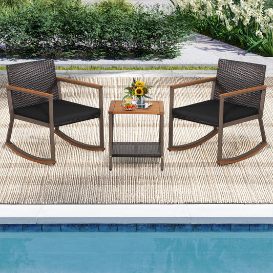 3 Pieces Rattan Rocking Bistro Set, Black Patio Conversation Sets Black at Gallery Canada