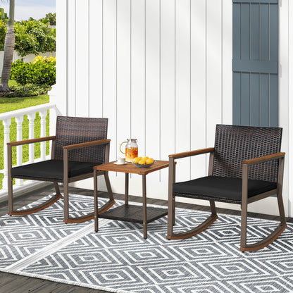 3 Piece Rattan Rocking Bistro Set, Coffee Table, Cushions, Black