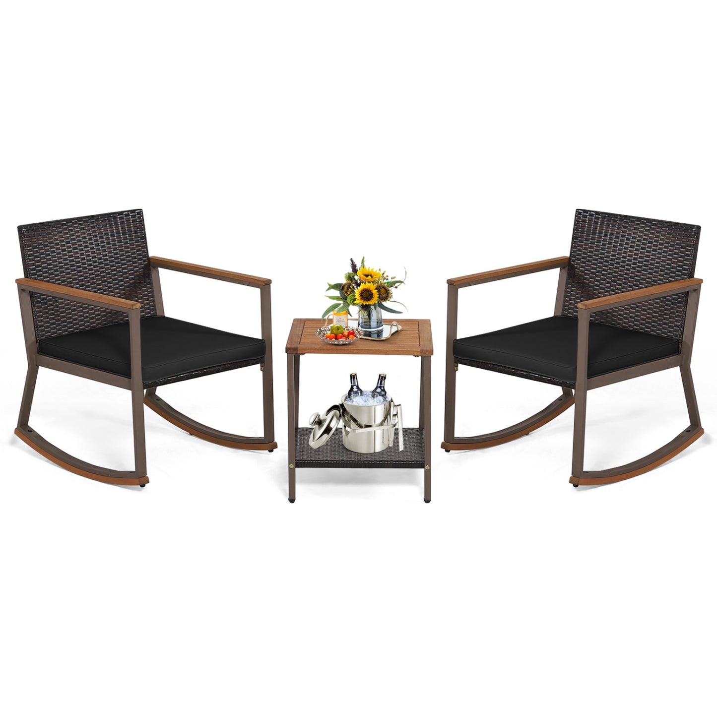 3 Piece Rattan Rocking Bistro Set, Coffee Table, Cushions, Black