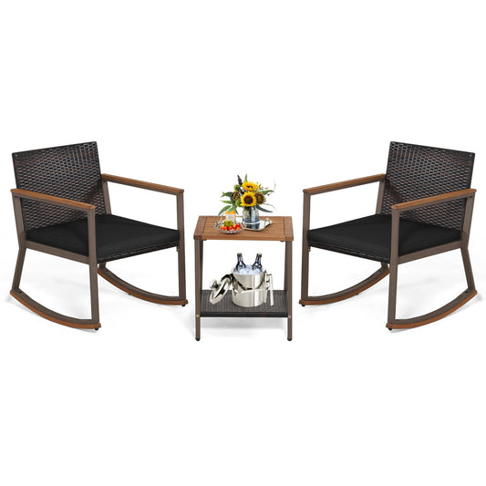 3 Pieces Rattan Rocking Bistro Set, Black Patio Conversation Sets Black at Gallery Canada