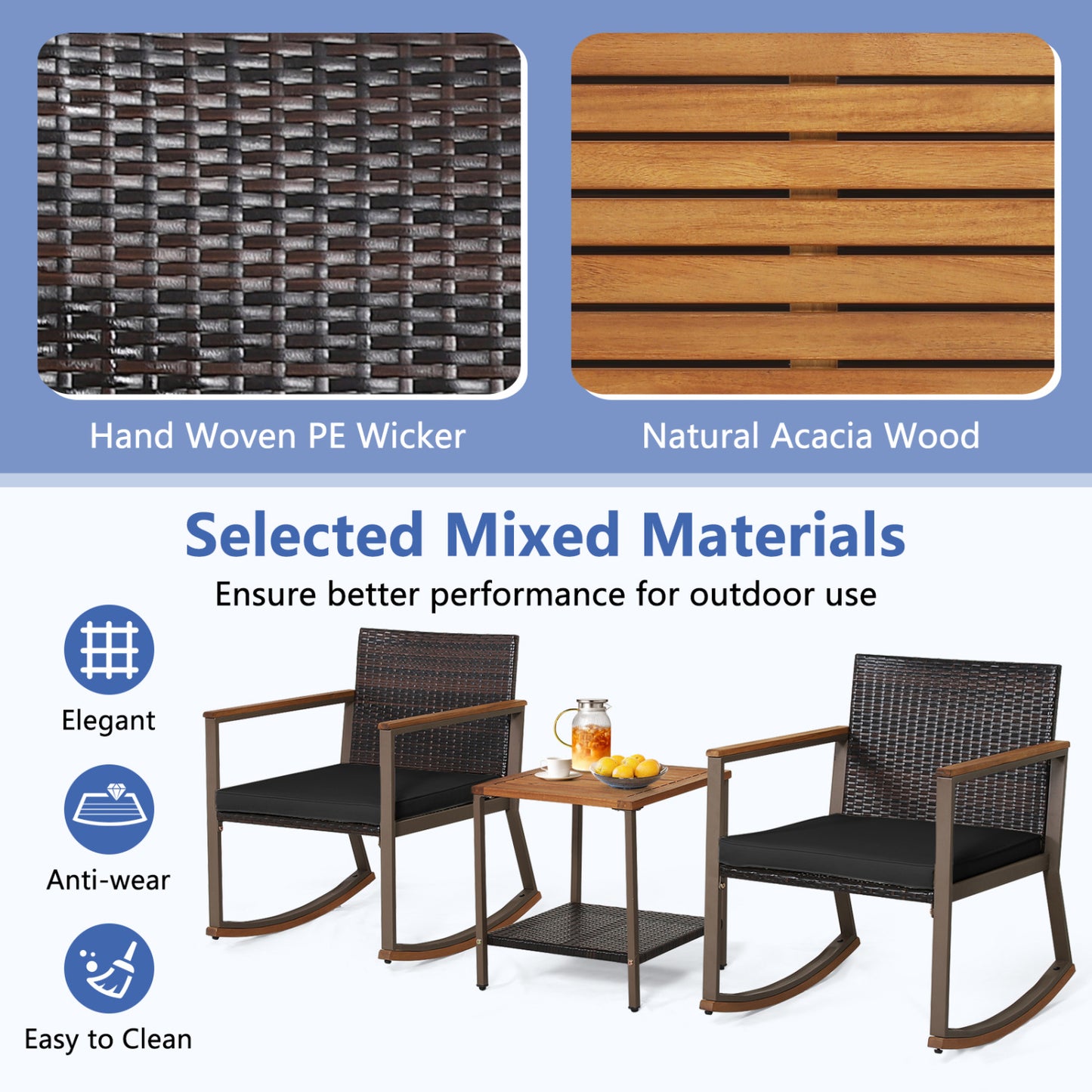 3 Piece Rattan Rocking Bistro Set, Coffee Table, Cushions, Black