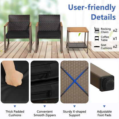 3 Piece Rattan Rocking Bistro Set, Coffee Table, Cushions, Black
