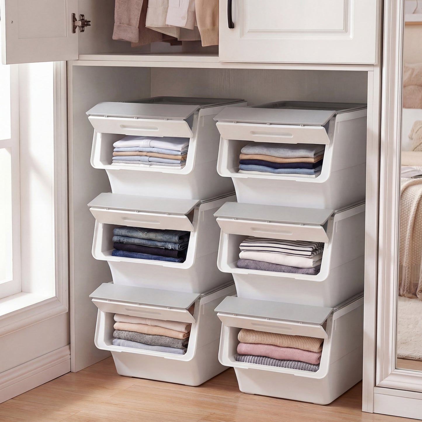 3 Pieces Storage Bins on Wheels Stackable Plastic Boxes with Stay-Open Lid (M), Gray Dressers & Chests at Gallery Canada