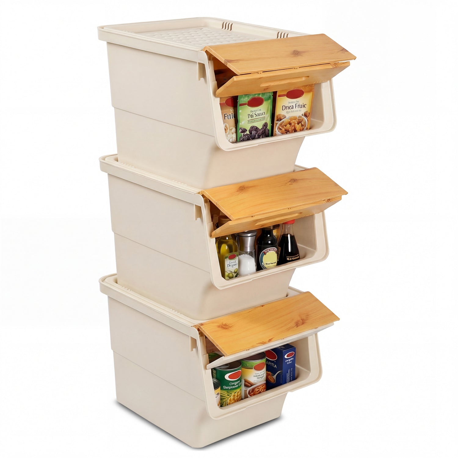 3 Pieces Storage Bins on Wheels Stackable Plastic Boxes with Stay-Open Lid (M), Natural Dressers & Chests Natural at Gallery Canada