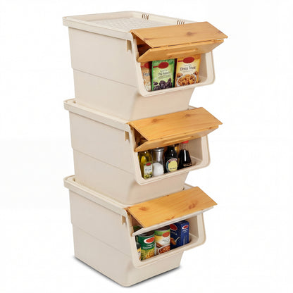 3 Pieces Storage Bins on Wheels Stackable Plastic Boxes with Stay-Open Lid (M), Natural Dressers & Chests Natural at Gallery Canada