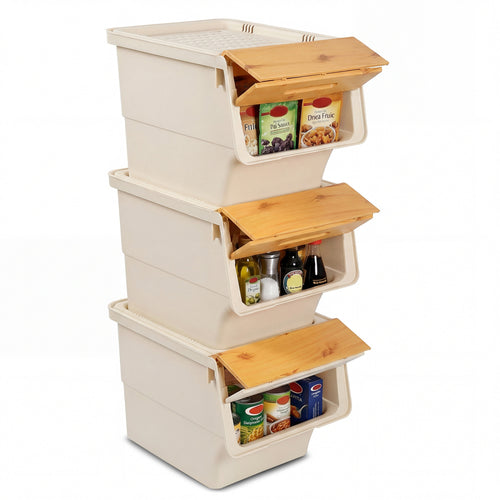 3 Pieces Storage Bins on Wheels Stackable Plastic Boxes with Stay-Open Lid (M), Natural