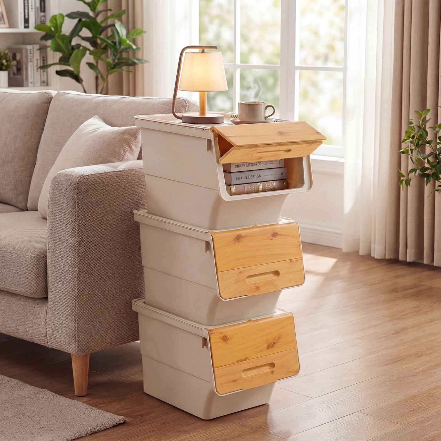 3 Pieces Storage Bins on Wheels Stackable Plastic Boxes with Stay-Open Lid (M), Natural Dressers & Chests at Gallery Canada