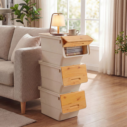 3 Pieces Storage Bins on Wheels Stackable Plastic Boxes with Stay-Open Lid (M), Natural Dressers & Chests at Gallery Canada