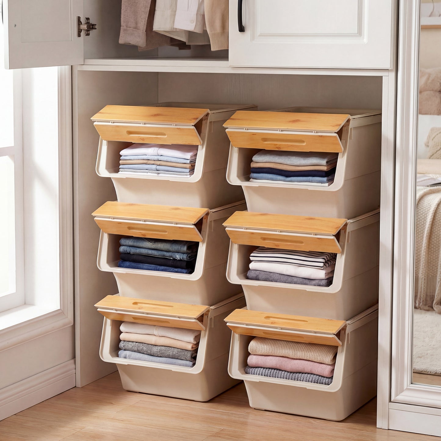 3 Pieces Storage Bins on Wheels Stackable Plastic Boxes with Stay-Open Lid (M), Natural Dressers & Chests at Gallery Canada