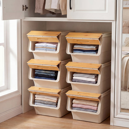 3 Pieces Storage Bins on Wheels Stackable Plastic Boxes with Stay-Open Lid (M), Natural Dressers & Chests at Gallery Canada