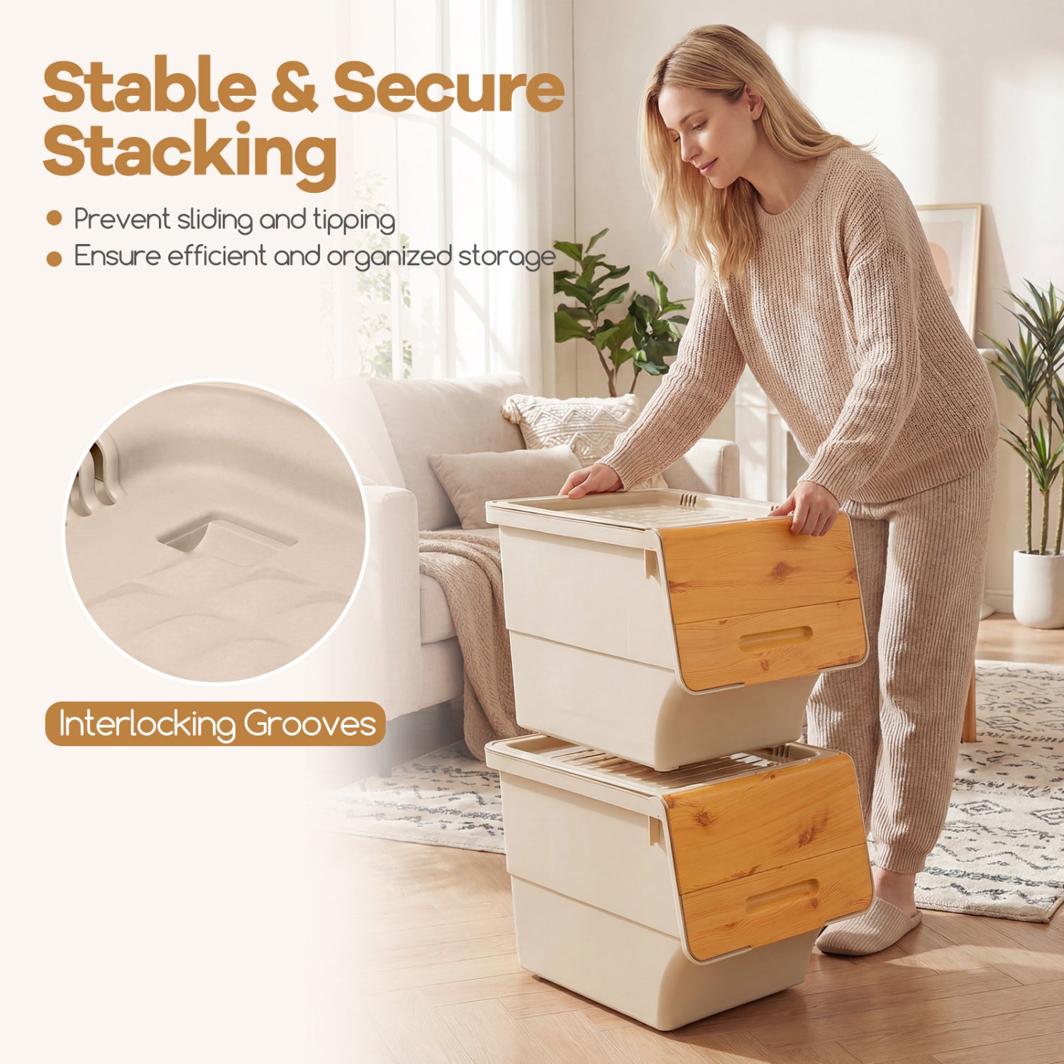 3 Pieces Storage Bins on Wheels Stackable Plastic Boxes with Stay-Open Lid (M), Natural Dressers & Chests at Gallery Canada