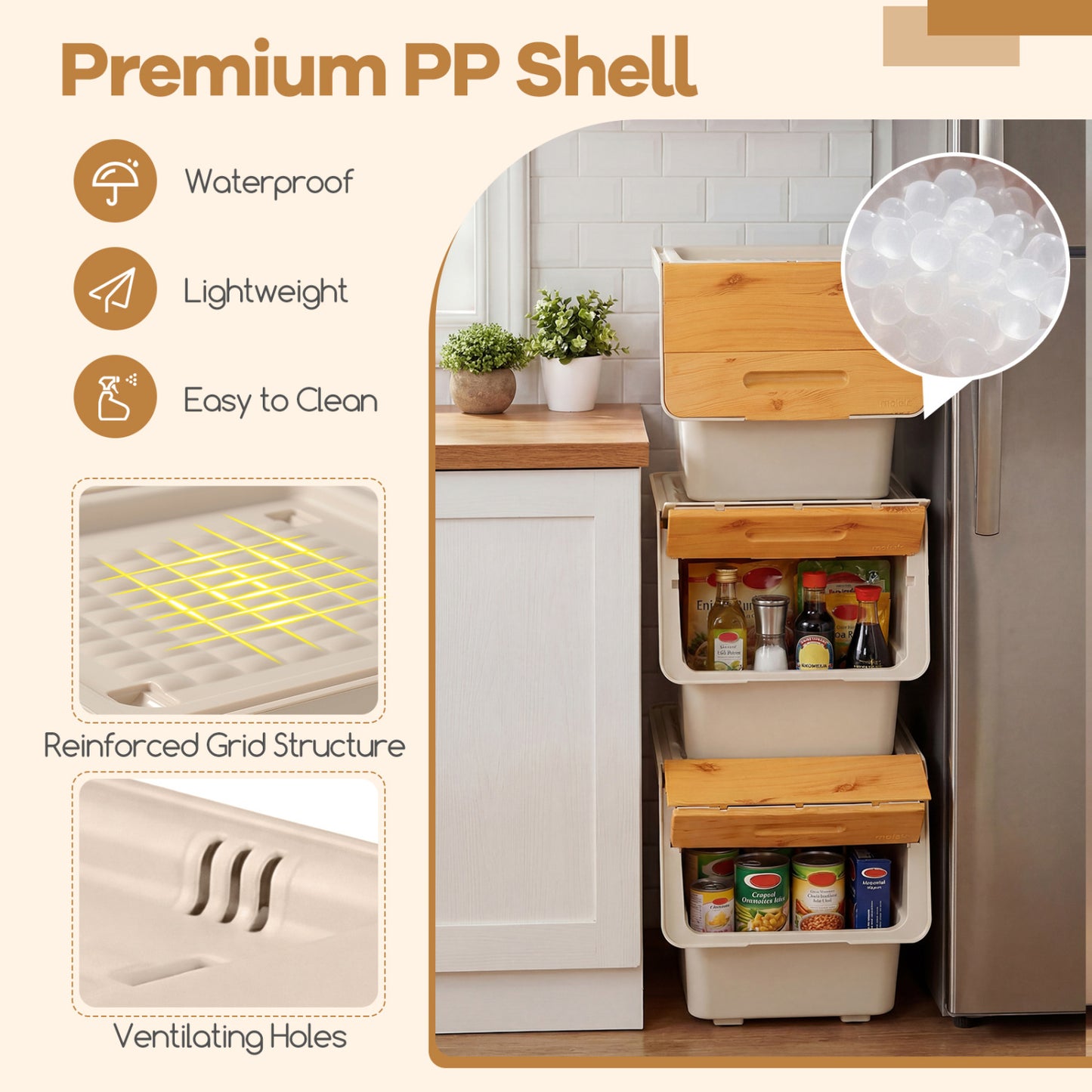 3 Pieces Storage Bins on Wheels Stackable Plastic Boxes with Stay-Open Lid (M), Natural Dressers & Chests at Gallery Canada