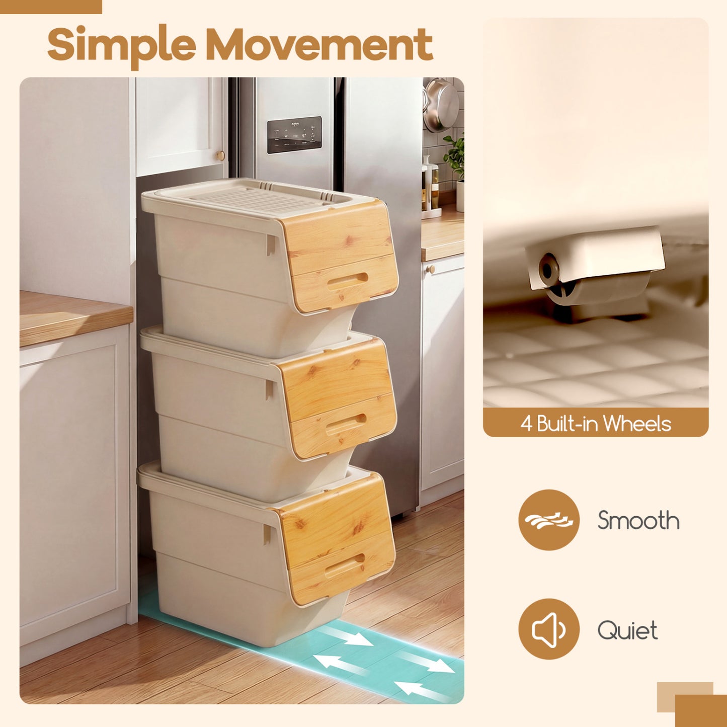 3 Pieces Storage Bins on Wheels Stackable Plastic Boxes with Stay-Open Lid (M), Natural Dressers & Chests at Gallery Canada