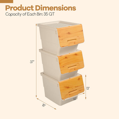 3 Pieces Storage Bins on Wheels Stackable Plastic Boxes with Stay-Open Lid (M), Natural Dressers & Chests at Gallery Canada
