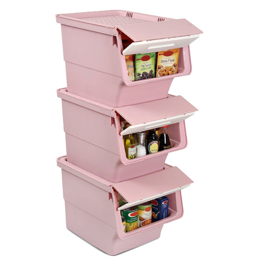 3 Pieces Storage Bins on Wheels Stackable Plastic Boxes with Stay-Open Lid (M), Pink Dressers & Chests Pink at Gallery Canada