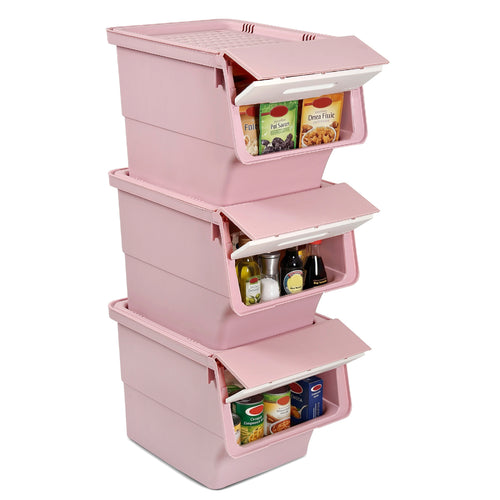 3 Pieces Storage Bins on Wheels Stackable Plastic Boxes with Stay-Open Lid (M), Pink