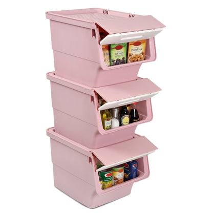 3 Pieces Storage Bins on Wheels Stackable Plastic Boxes with Stay-Open Lid (M), Pink Dressers & Chests at Gallery Canada