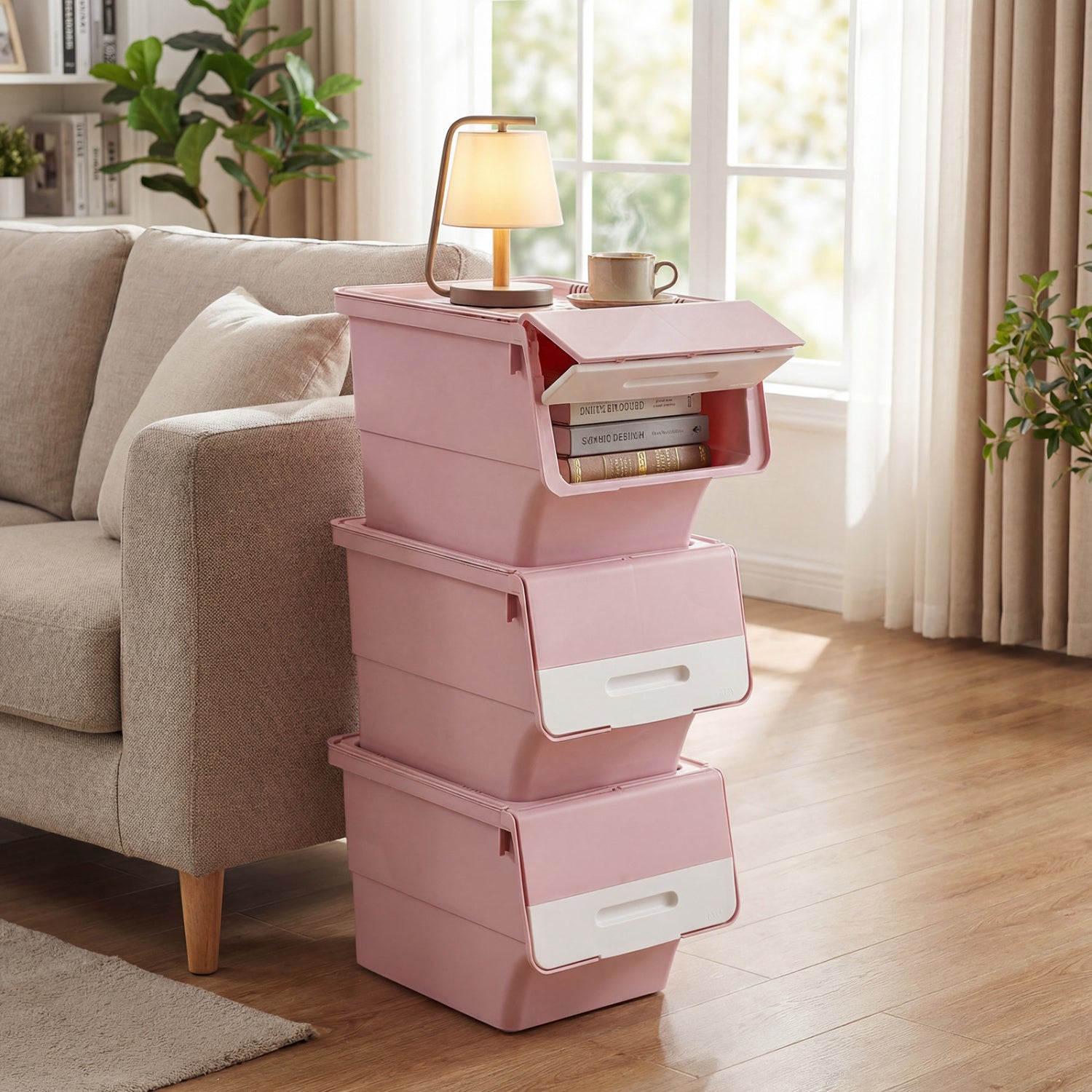 3 Pieces Storage Bins on Wheels Stackable Plastic Boxes with Stay-Open Lid (M), Pink Dressers & Chests at Gallery Canada