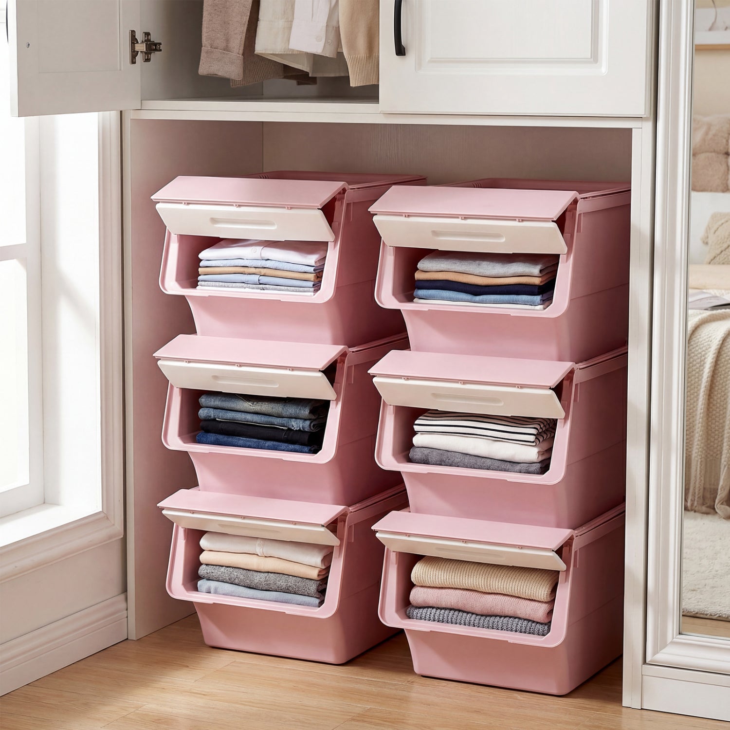 3 Pieces Storage Bins on Wheels Stackable Plastic Boxes with Stay-Open Lid (M), Pink Dressers & Chests at Gallery Canada
