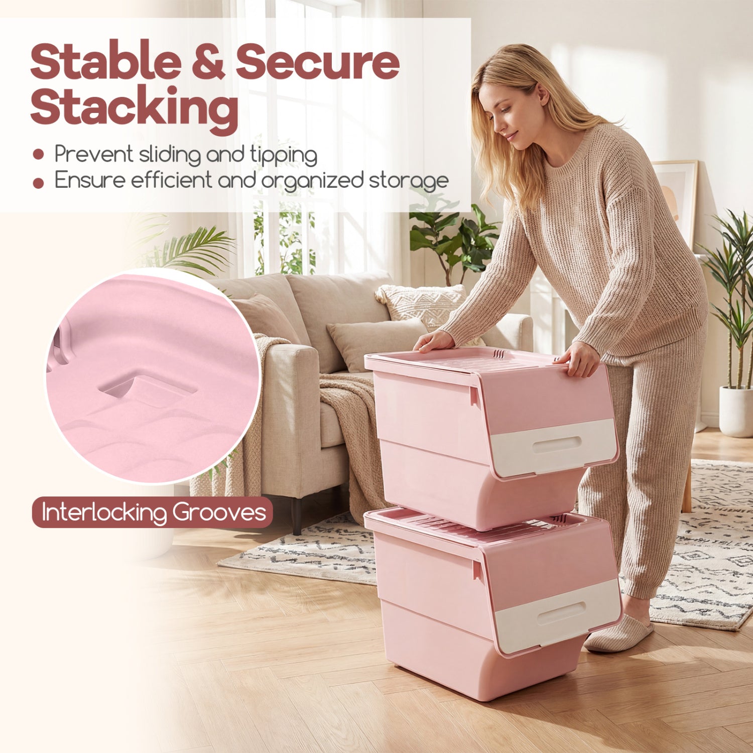 3 Pieces Storage Bins on Wheels Stackable Plastic Boxes with Stay-Open Lid (M), Pink Dressers & Chests at Gallery Canada