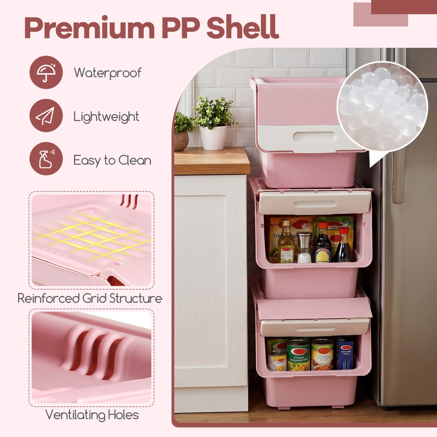 3 Pieces Storage Bins on Wheels Stackable Plastic Boxes with Stay-Open Lid (M), Pink Dressers & Chests at Gallery Canada