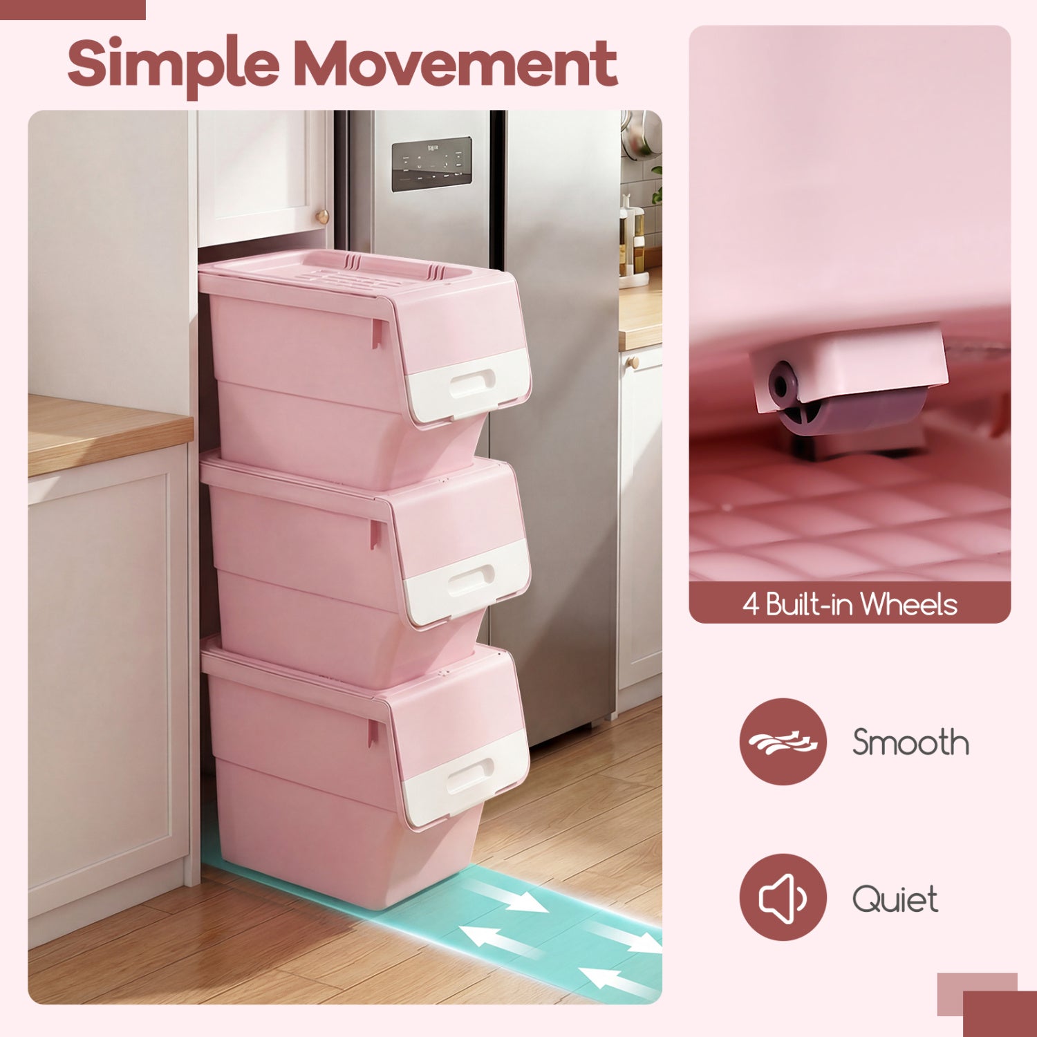 3 Pieces Storage Bins on Wheels Stackable Plastic Boxes with Stay-Open Lid (M), Pink Dressers & Chests at Gallery Canada