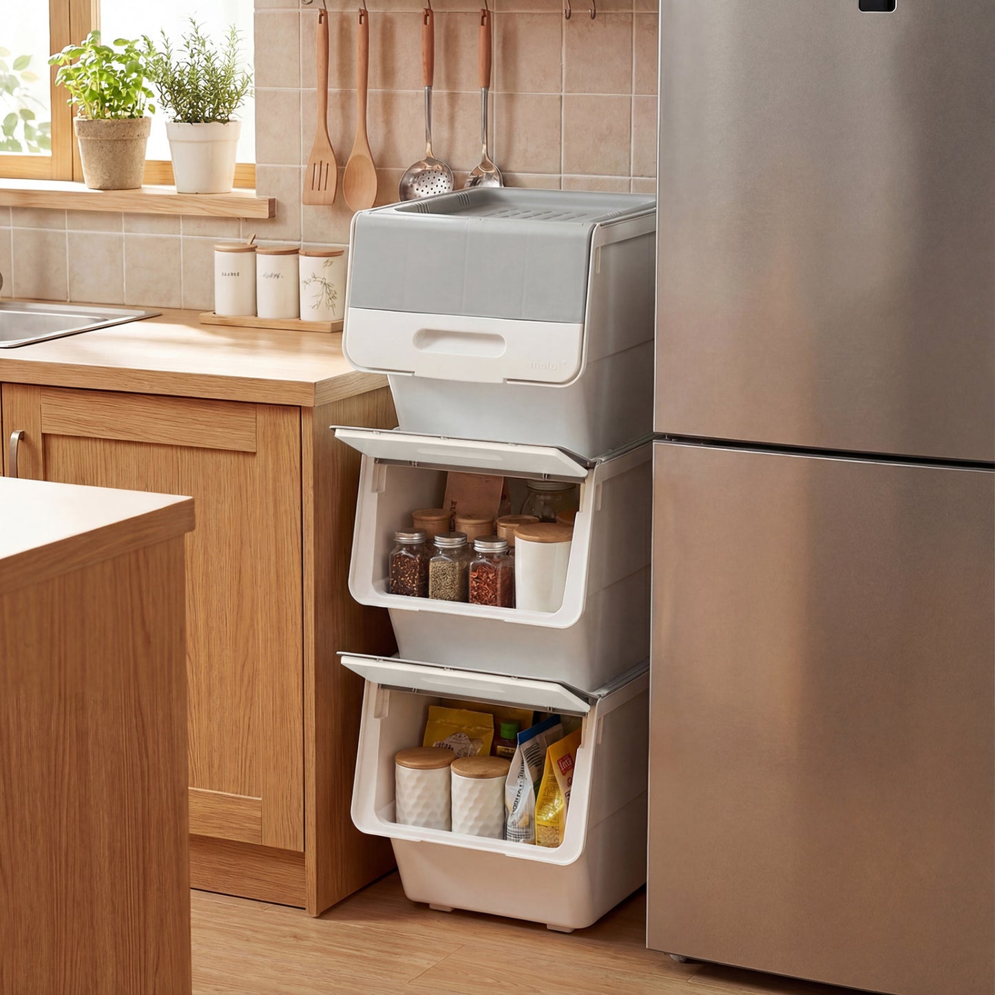 3 Pieces Storage Bins on Wheels Stackable Plastic Boxes with Stay-Open Lid (S), Gray Dressers & Chests at Gallery Canada
