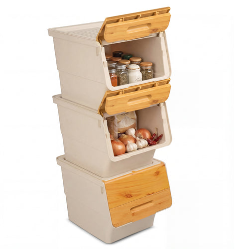 3 Pieces Storage Bins on Wheels Stackable Plastic Boxes with Stay-Open Lid (S), Natural