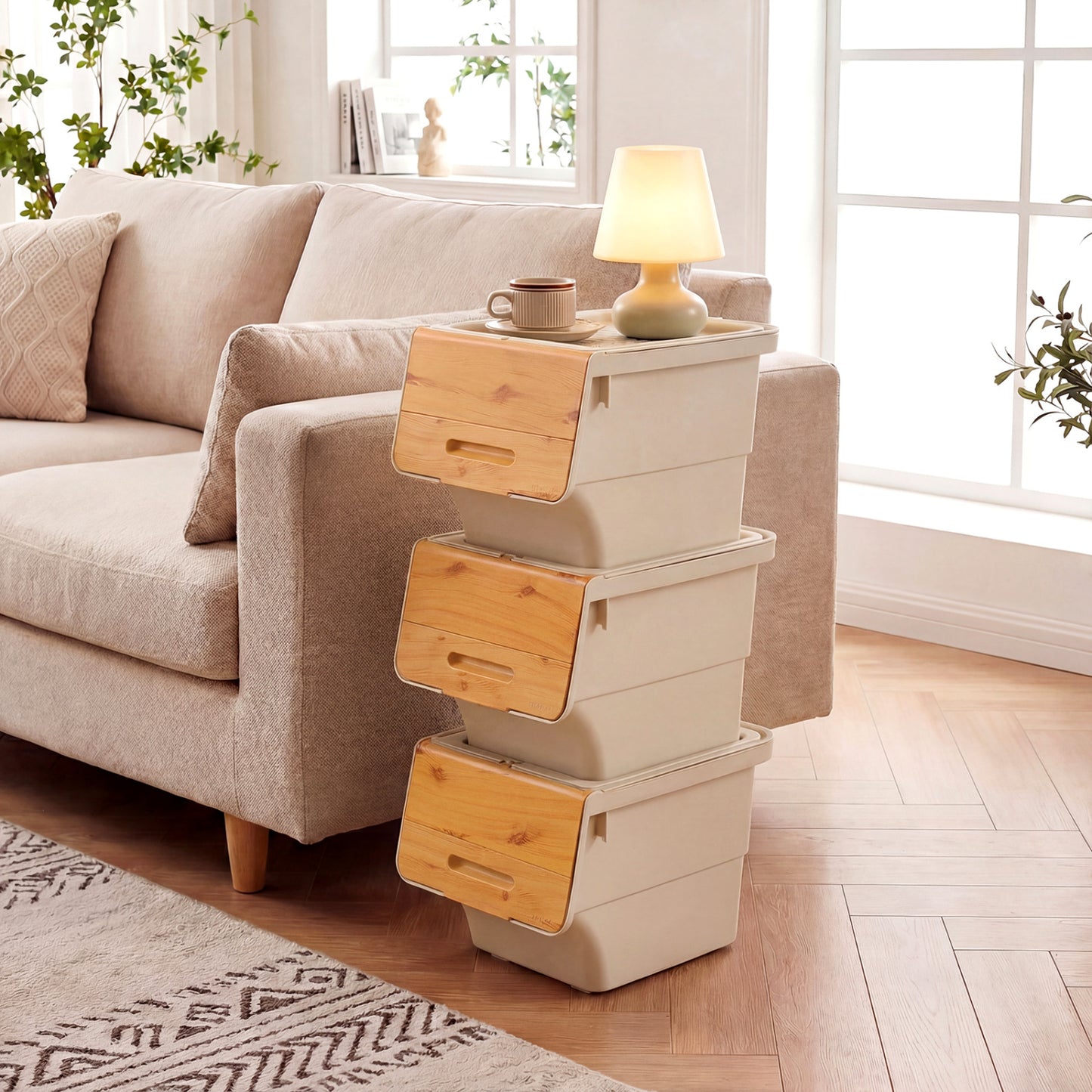 3 Pieces Storage Bins on Wheels Stackable Plastic Boxes with Stay-Open Lid (S), Natural Dressers & Chests at Gallery Canada