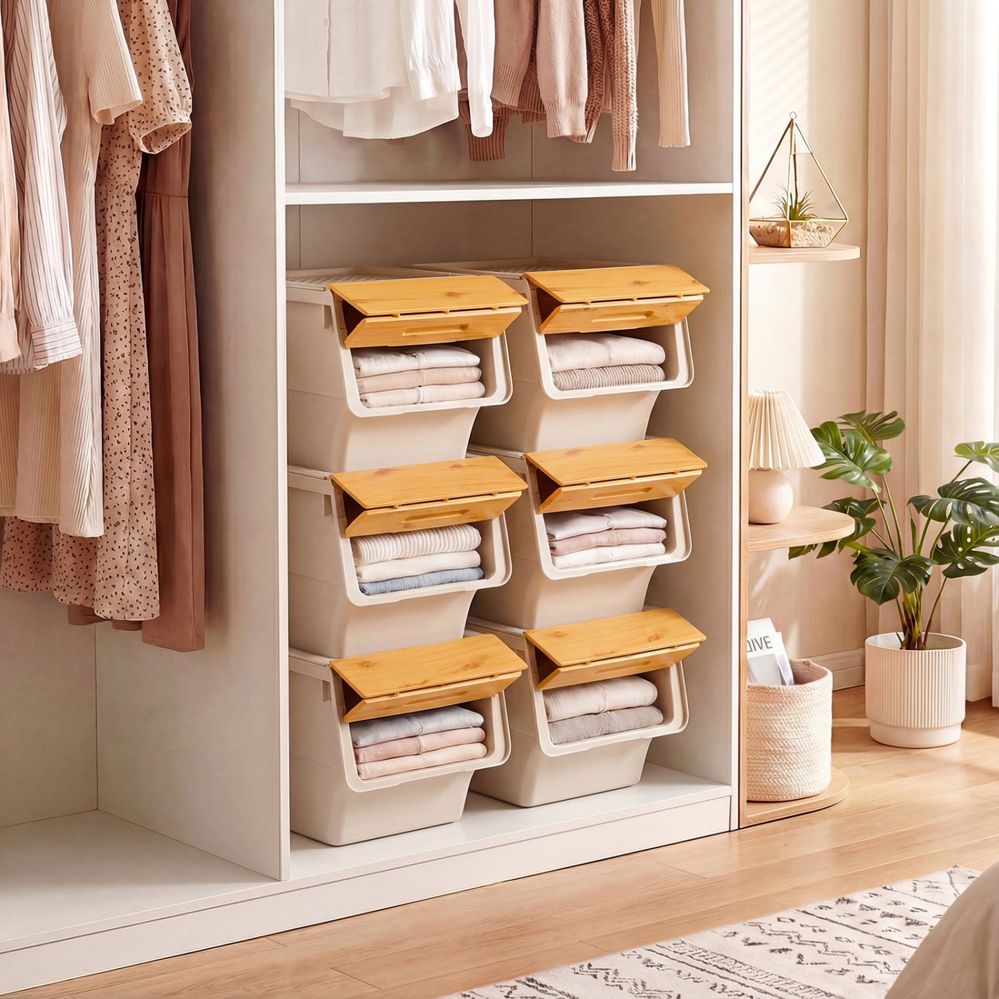 3 Pieces Storage Bins on Wheels Stackable Plastic Boxes with Stay-Open Lid (S), Natural Dressers & Chests at Gallery Canada