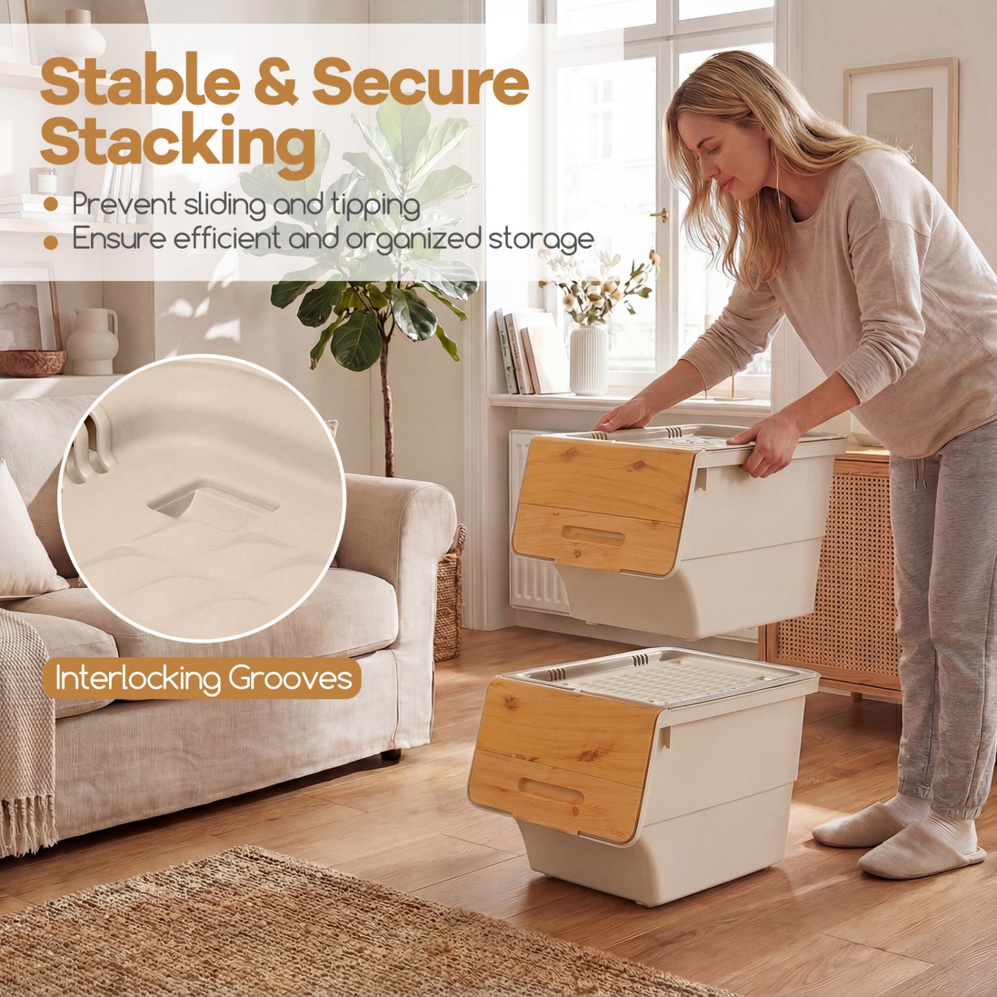 3 Pieces Storage Bins on Wheels Stackable Plastic Boxes with Stay-Open Lid (S), Natural Dressers & Chests at Gallery Canada