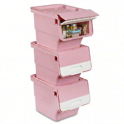 3 Pieces Storage Bins on Wheels Stackable Plastic Boxes with Stay-Open Lid (S), Pink Dressers & Chests at Gallery Canada