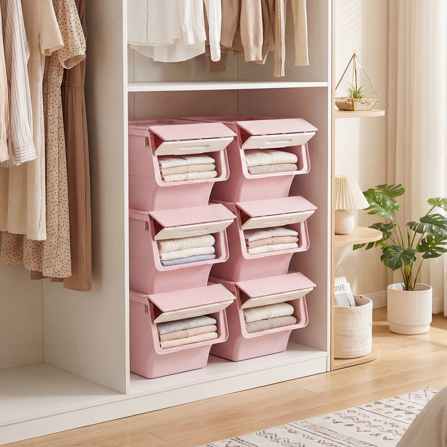 3 Pieces Storage Bins on Wheels Stackable Plastic Boxes with Stay-Open Lid (S), Pink Dressers & Chests at Gallery Canada