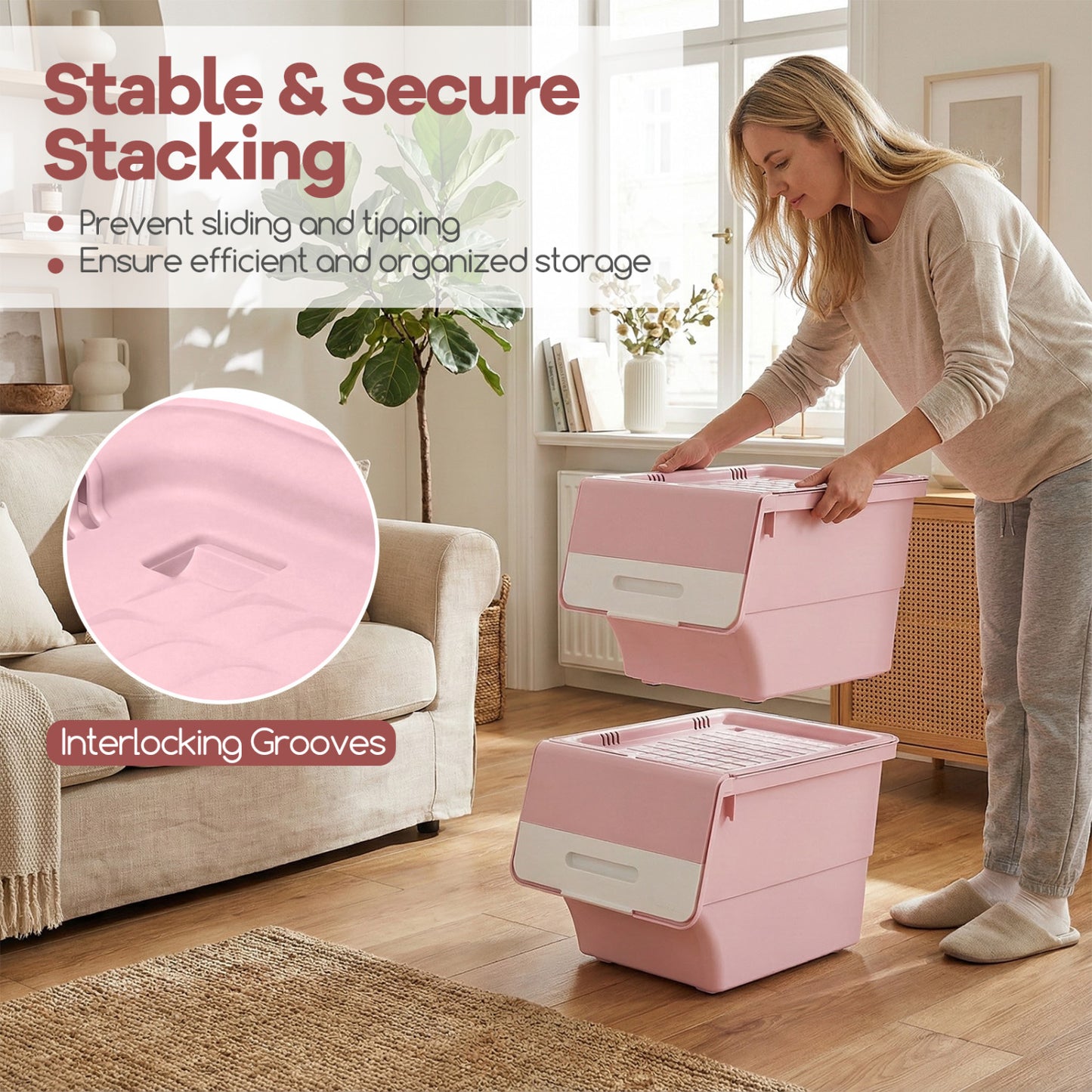 3 Pieces Storage Bins on Wheels Stackable Plastic Boxes with Stay-Open Lid (S), Pink Dressers & Chests at Gallery Canada