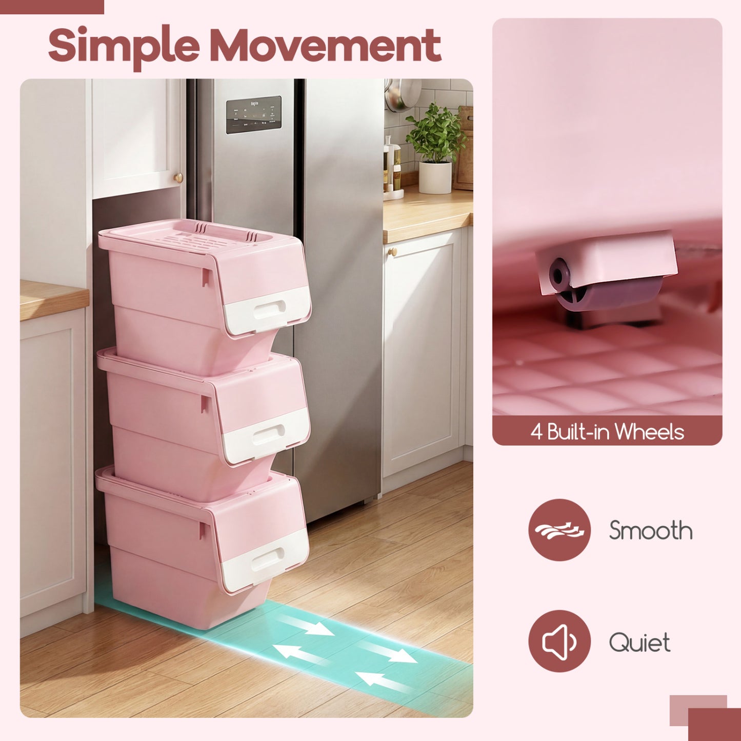 3 Pieces Storage Bins on Wheels Stackable Plastic Boxes with Stay-Open Lid (S), Pink Dressers & Chests at Gallery Canada
