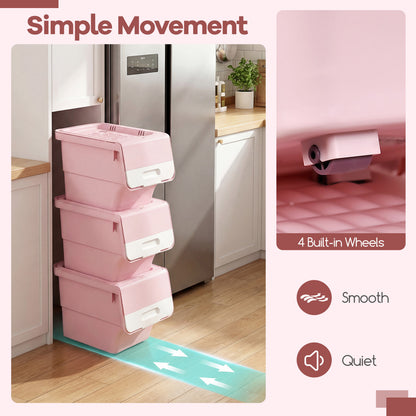 3 Pieces Storage Bins on Wheels Stackable Plastic Boxes with Stay-Open Lid (S), Pink Dressers & Chests at Gallery Canada
