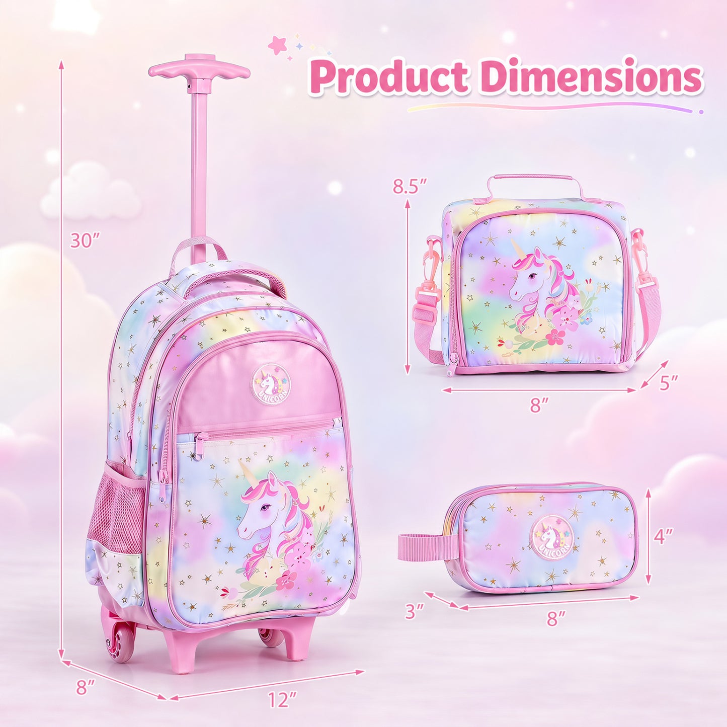 Ensemble de sac à dos roulant Licorne pour enfants, rose