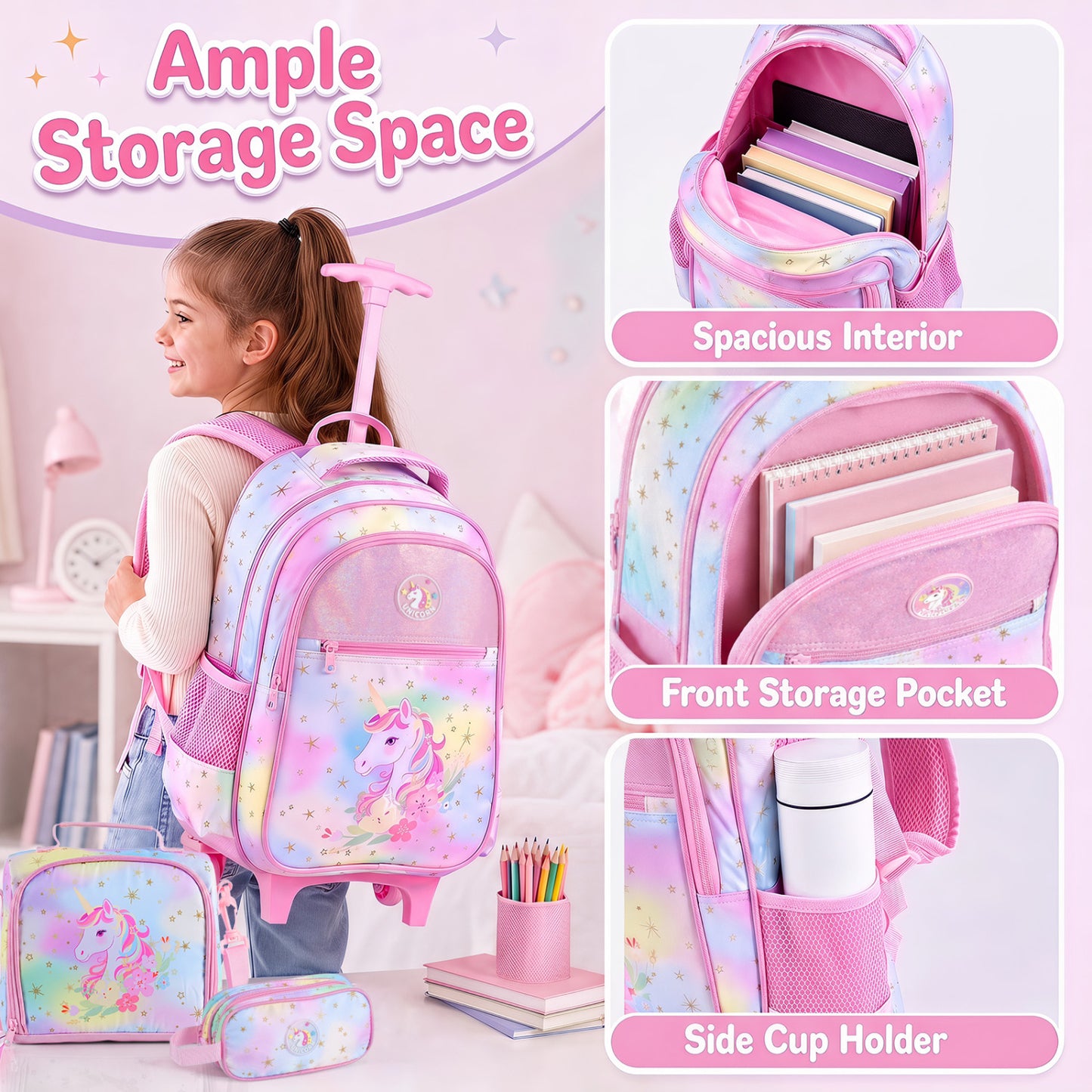 Ensemble de sac à dos roulant Licorne pour enfants, rose