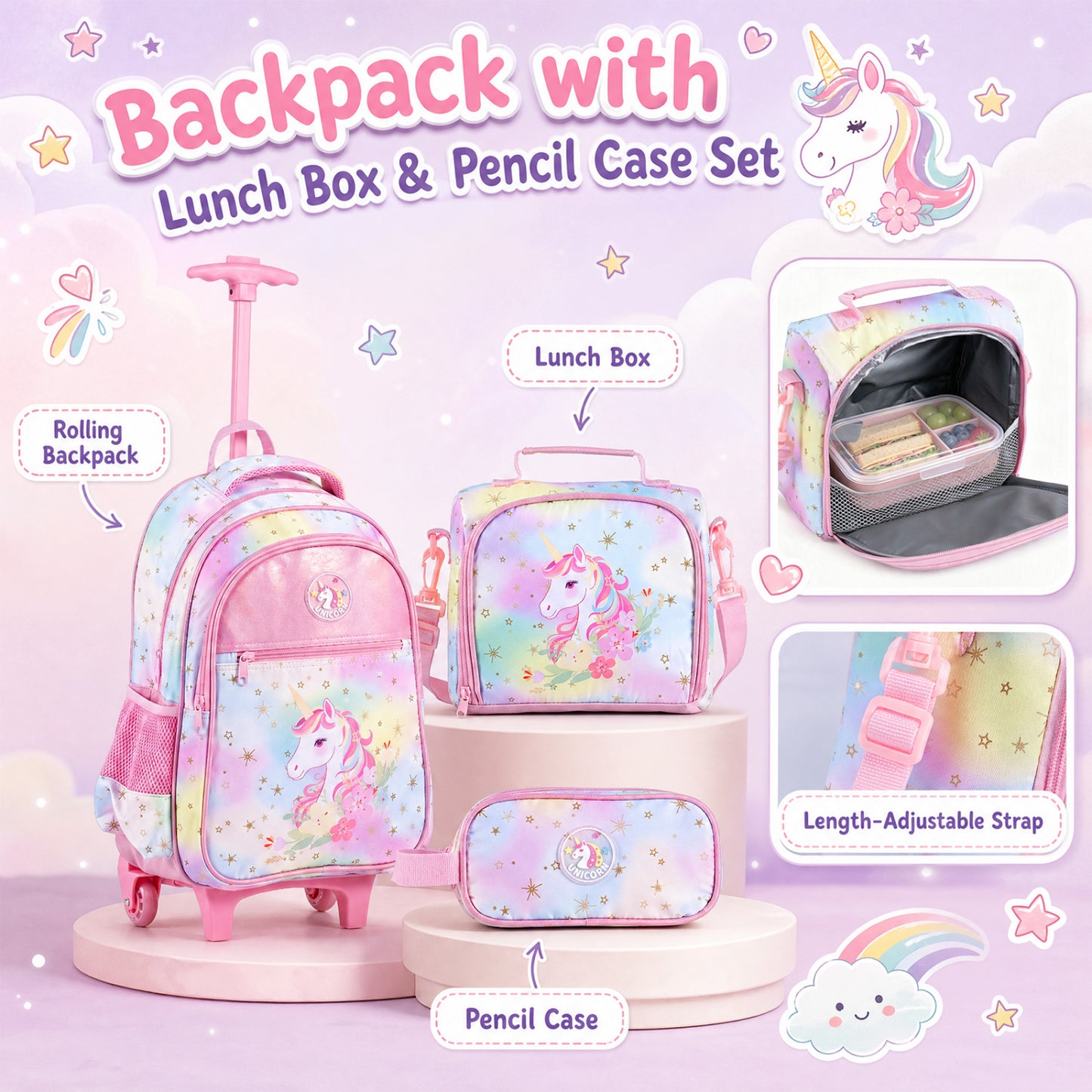 Ensemble de sac à dos roulant Licorne pour enfants, rose