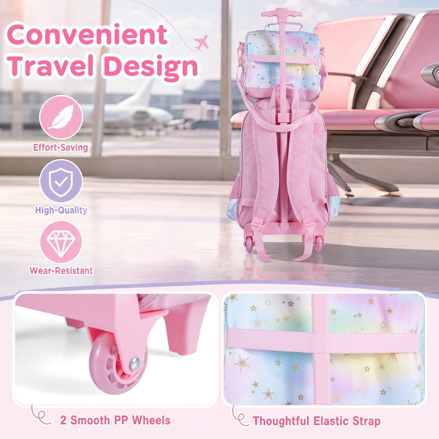 Ensemble de sac à dos roulant Licorne pour enfants, rose