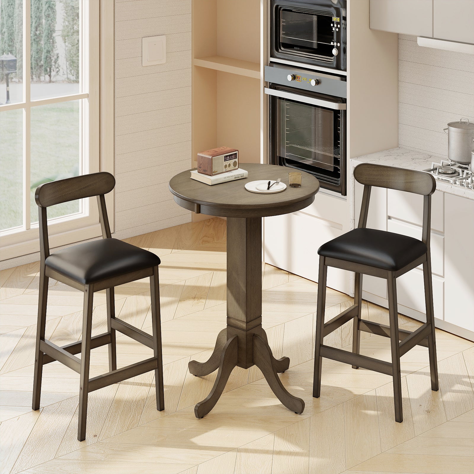 3 Pieces Wood Bar Table Set for 2 Round Pub Table with Pedestal Base and 2 Armless Stools Dining Room Sets at Gallery Canada