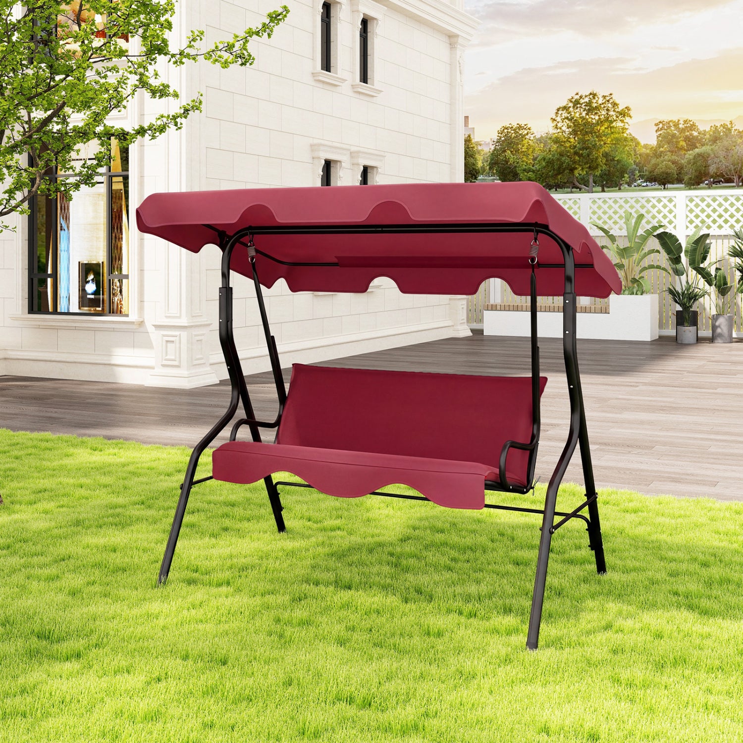 3 Seat Outdoor Patio Canopy Swing with Cushioned Steel Frame, Red Porch Swings at Gallery Canada