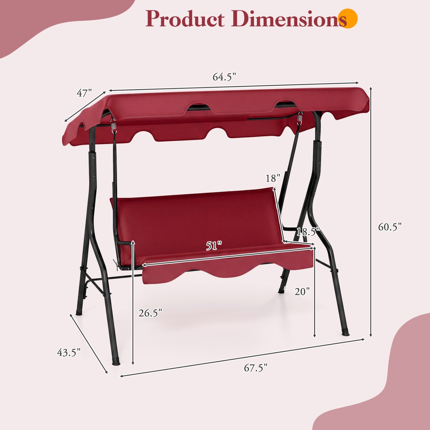 3 Seat Outdoor Patio Canopy Swing with Cushioned Steel Frame, Red Porch Swings at Gallery Canada