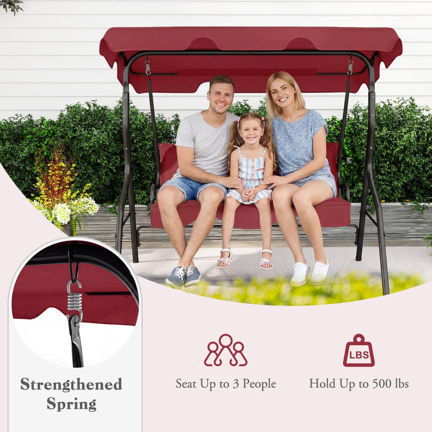 3 Seat Outdoor Patio Canopy Swing with Cushioned Steel Frame, Red Porch Swings at Gallery Canada